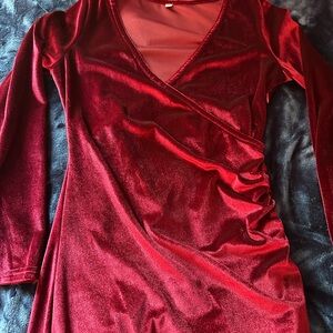 Red Velvet Faux Wrap Dress
